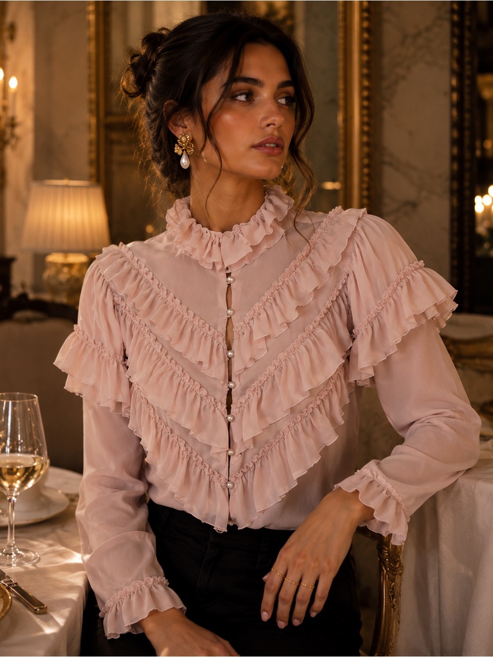 Rodarte Light Pink Silk Pearl Ruffle Blouse Size L 🌸 $895